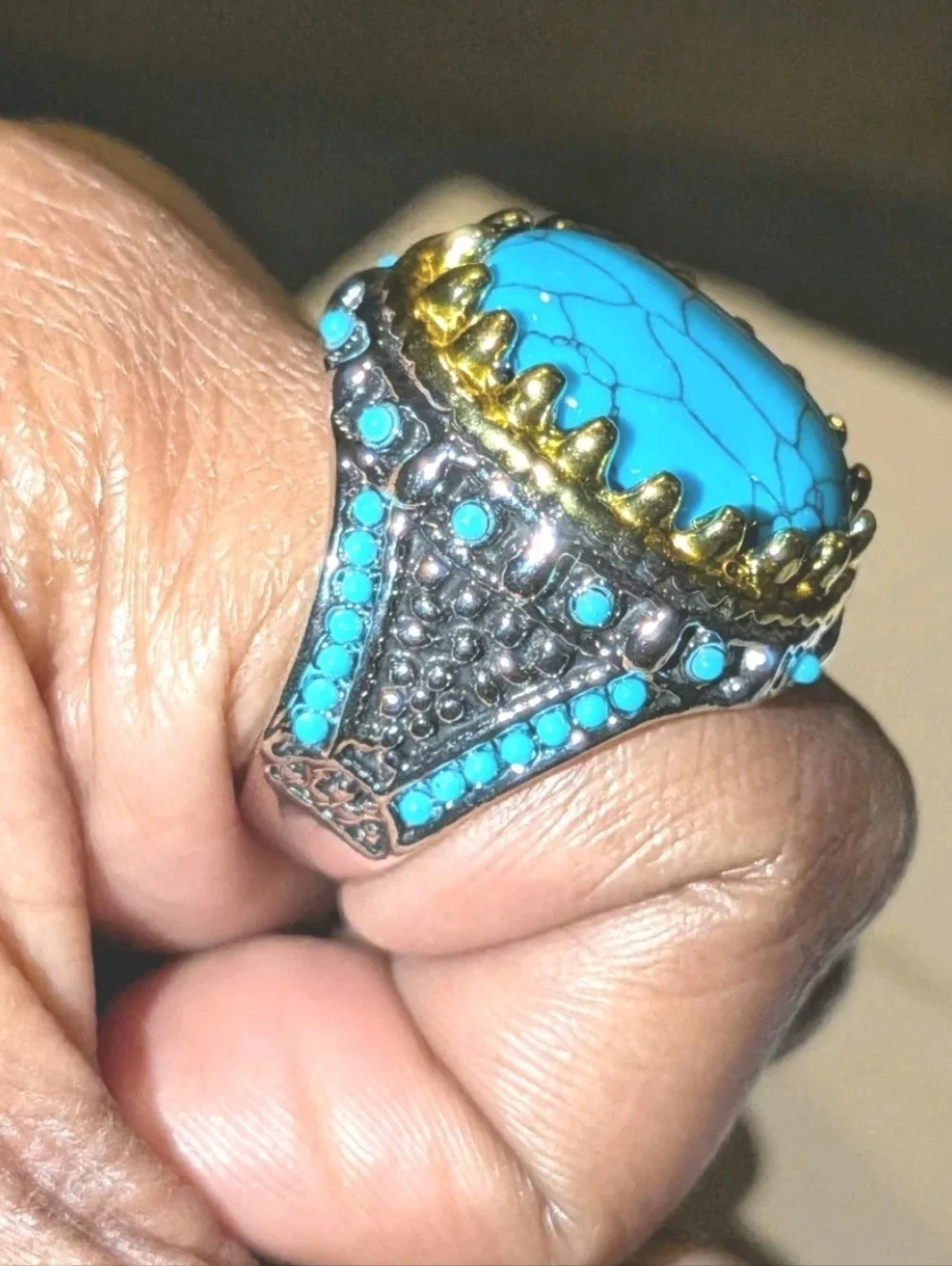Retro Punk Style Ring Simulated Turquoise Two Tone Polished Statement Band Ring